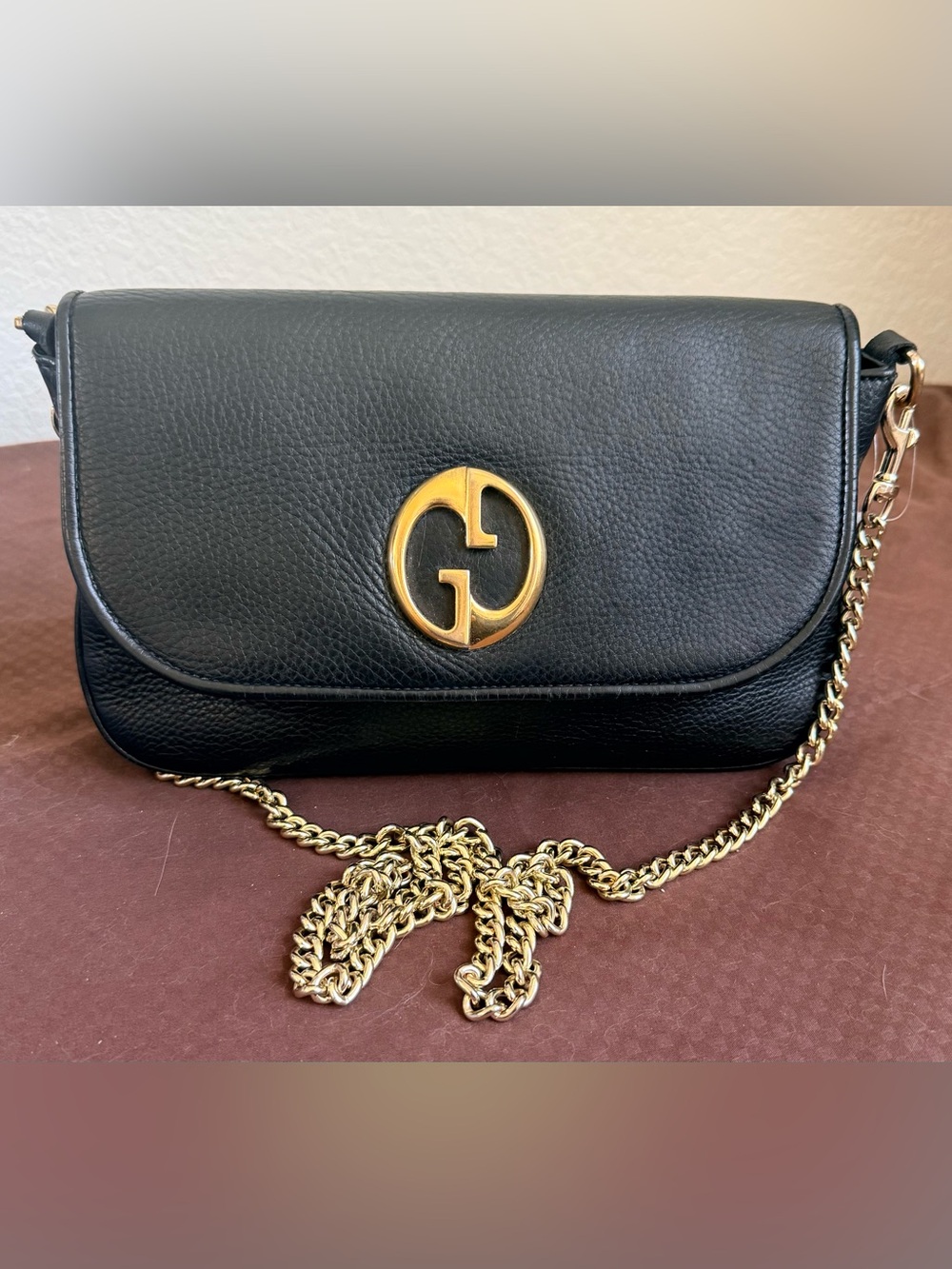 Gucci Black Leather Shoulder Bag with Gold Logo Hardware